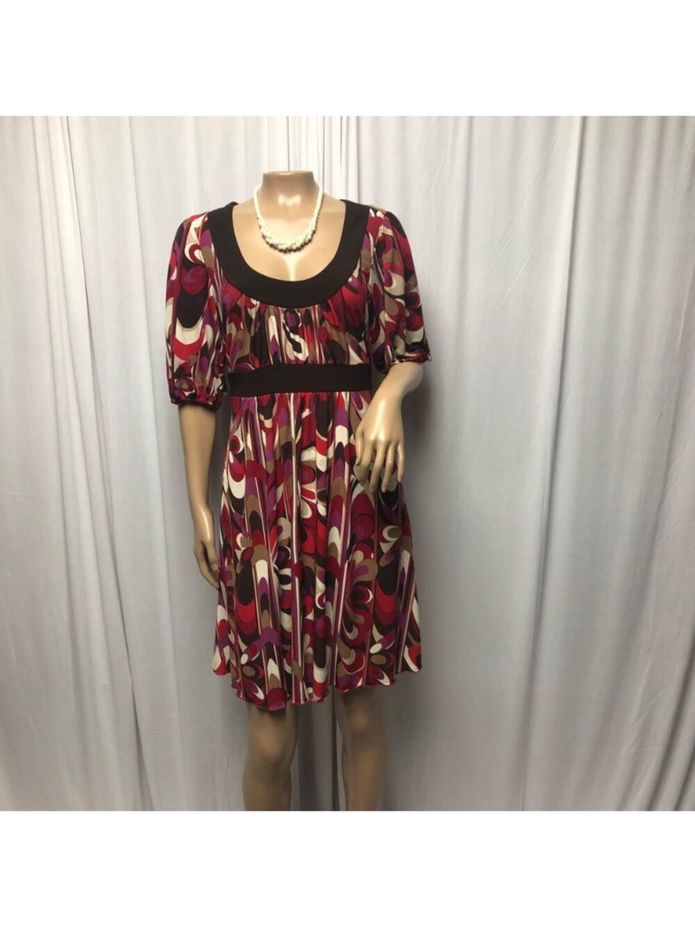 My Michelle Dress Womens Size Medium Multicolor Brown Trim Puff Sleeves Vintage